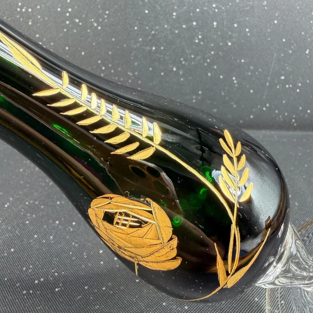 Vintage Emerald Green Glass Bud Vase Gold Rose Wheat Hand Painted Etched 10 Inch